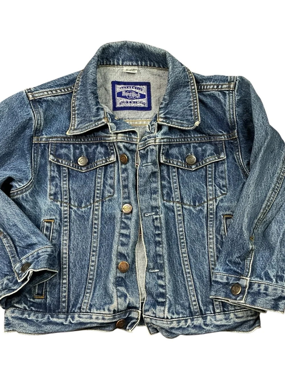 Vintage 90s Hard Rock Cafe Hollywood medium washed denim jacket youth S/M - Picture 2 of 7